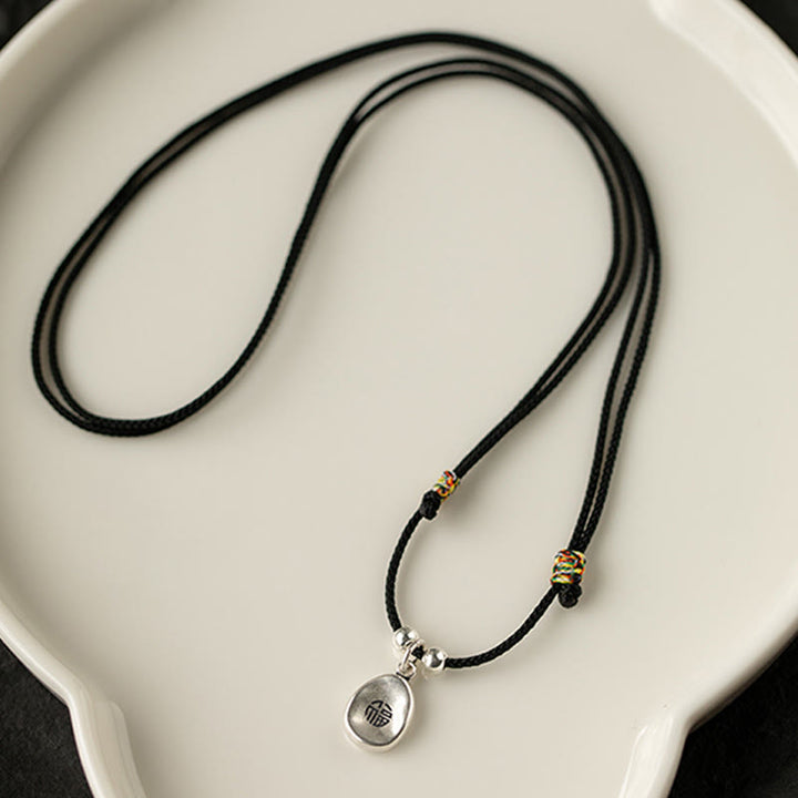 Buddha Stones999スターリングシルバー 平和と喜び 福の字 幸運 925スターリングシルバー チェーンネックレスペンダント