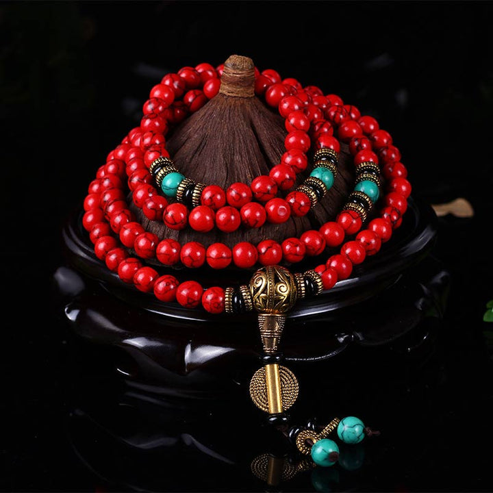 Buddha Stones チベットMala レッドターコイズの幸運 ネックレス＆ブレスレット