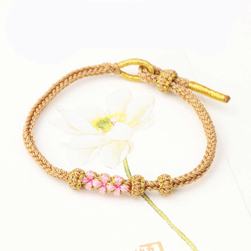 Buddha Stones手作りの三つの桃の花の幸運の8連編み紐ブレスレット