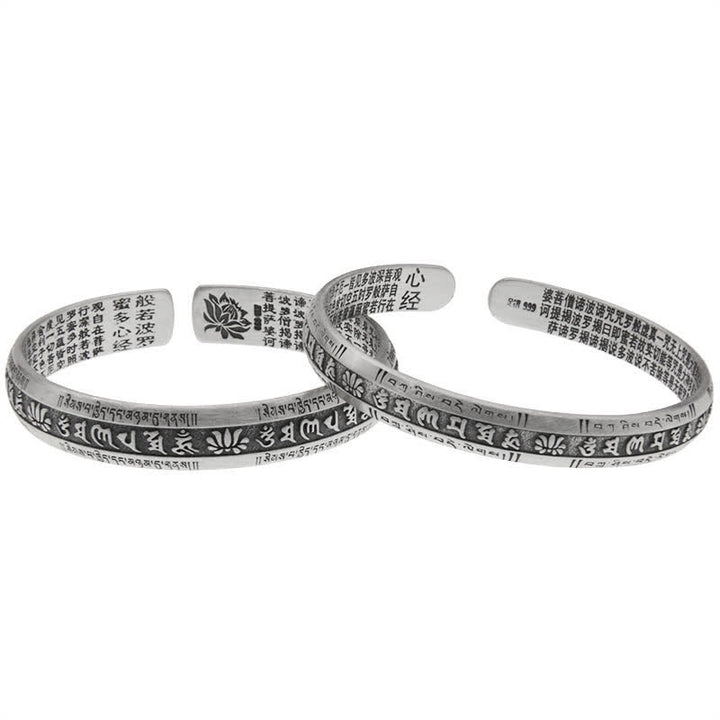 Buddha Stones999スターリングシルバーオーム・マニ・パドメ・フム般若心経 蓮華座 平和ブレスレット バングル