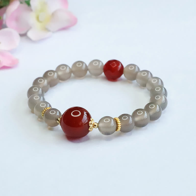Buddha Stones天然グレーカルセドニー レッドアゲート ハーモニーブレスレット