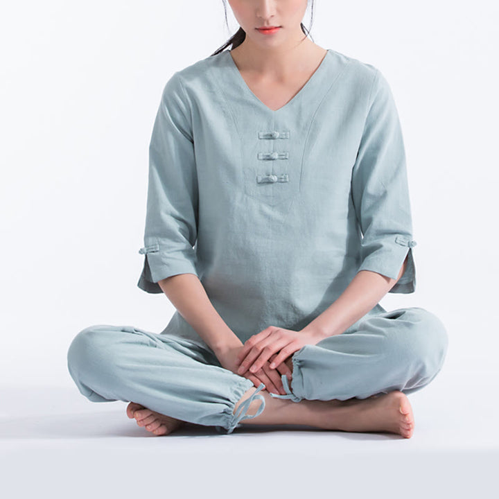 Buddha Stonesヨガ瞑想祈りVネックデザインコットンリネン服ユニフォーム禅練習レディースセット