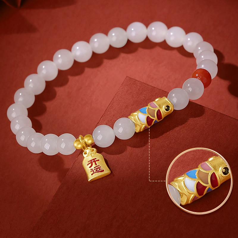 Buddha Stones925 スターリングシルバー 和田白翡翠 赤瑪瑙 鯉 幸運 幸福 ブレスレット