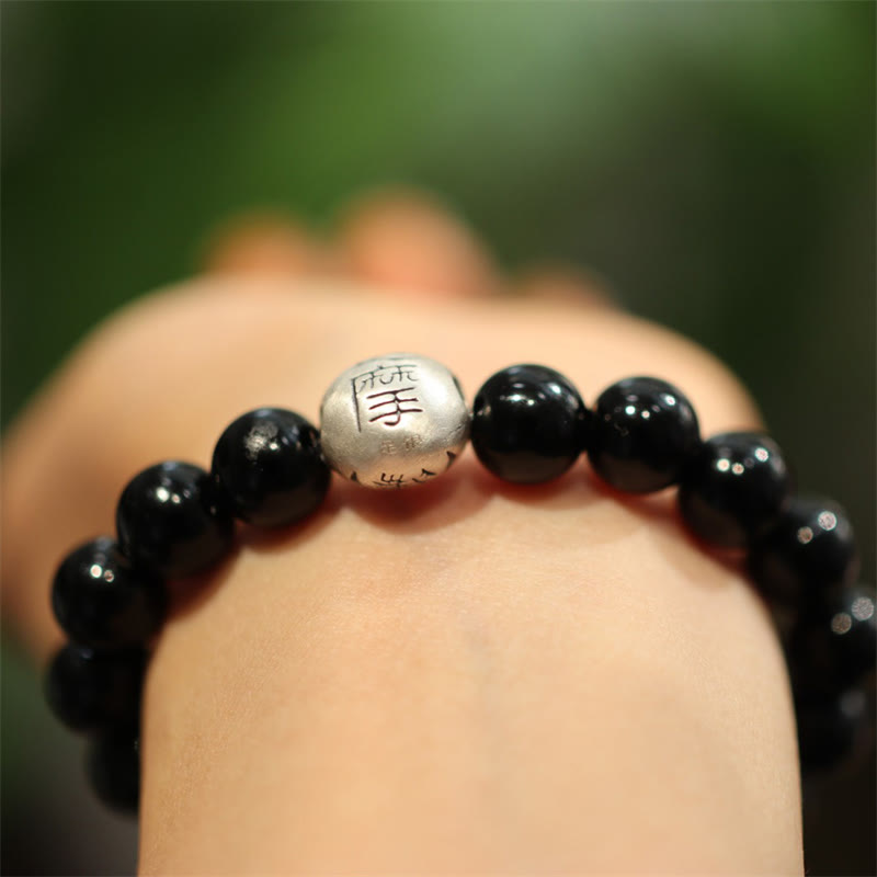 Buddha Stones 925スターリングシルバー ブラックオニキスビーズ キャラクター刻印入り 守護ブレスレット