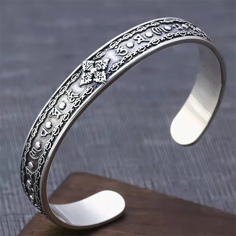 Buddha Stones925スターリングシルバーオーム・マニ・パドメ・フムダブルドルジェ 刻印入り ウィズダムカフブレスレット バングル