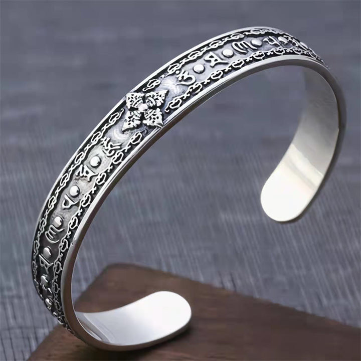 Buddha Stones925スターリングシルバーオーム・マニ・パドメ・フムダブルドルジェ 刻印入り ウィズダムカフブレスレット バングル