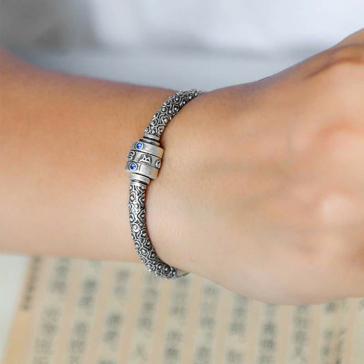 Buddha Stones990 スターリングシルバー チベットの吉兆の雲オーム・マニ・パドメ・フム彫刻 創造性 ブレスレット バングル