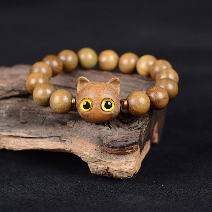 Buddha Stones、黒檀、緑檀、赤檀、愛らしい猫のバランスブレスレット - image 5