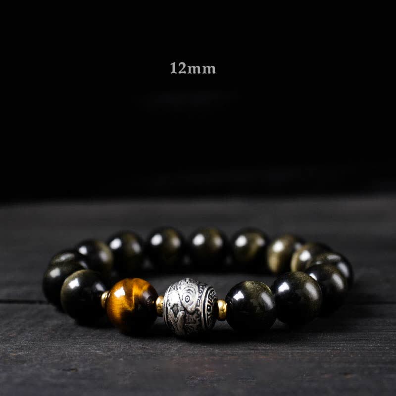 幸運の逆転を体験するBuddha Stonesレインボーオブシディアン ゴールドシャインオブシディアン 守護ブレスレット