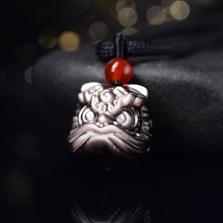 Buddha Stones天然銀光沢黒曜石踊るライオン守護ネックレスペンダント