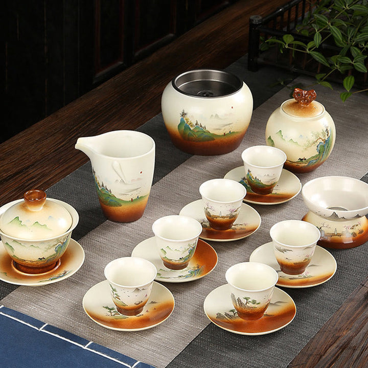 Buddha Stones山の風景 田舎 陶器 蓋碗 三彩 ティーカップ カンフー ティーカップ ソーサー 蓋付き