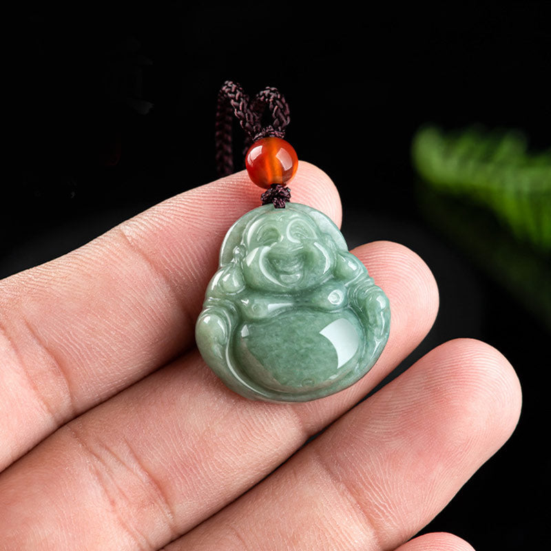 Buddha Stones笑う仏陀 シアン翡翠 成功のネックレス ストリングペンダント