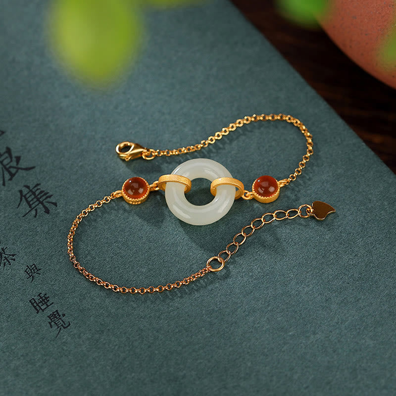 Buddha Stones 925スターリングシルバー ゴールドメッキ 天然和田翡翠 平和バックル 赤瑪瑙 幸運ブレスレット