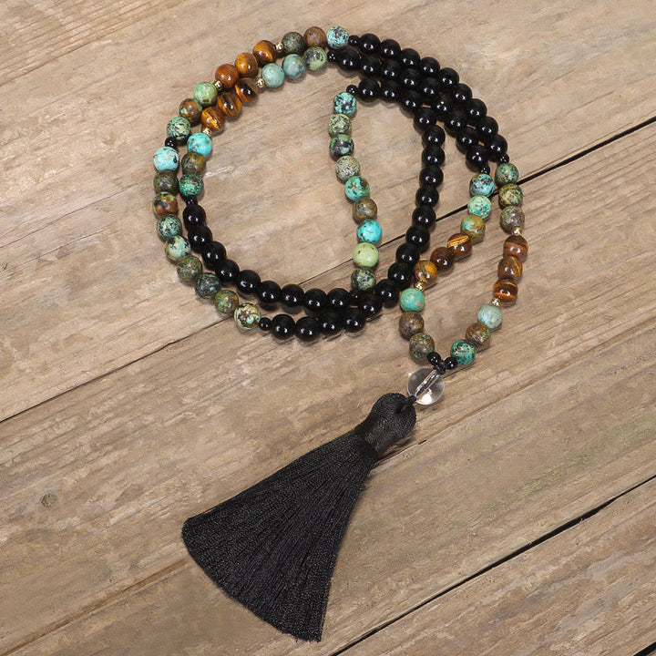 Buddha Stones 108Malaビーズ 天然石 タイガーアイ ターコイズ 保護 強さ ブレスレット ネックレス