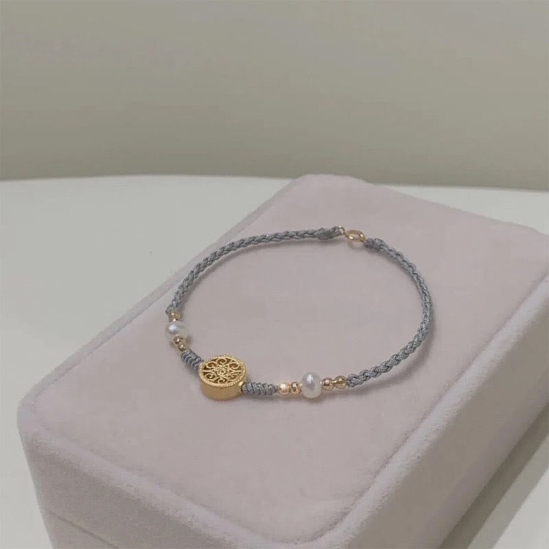 Buddha Stones、銅貨、幸運の木、真珠、幸運の青いロープ編みブレスレット