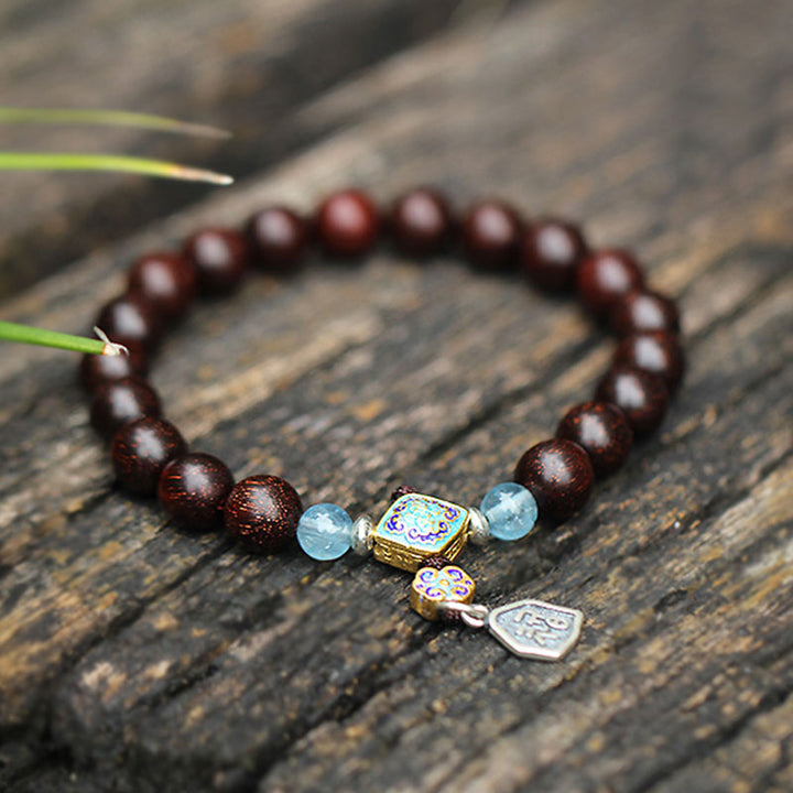 Buddha Stones925 スターリングシルバー インド産小葉 レッドサンダルウッド アクアマリン ゴールドスター 中国結び 祝福ブレスレット