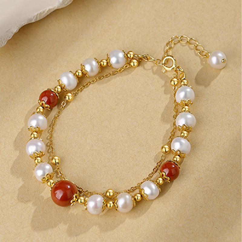 Buddha Stones925スターリングシルバー パール シナバー ウィズダムビーズ ダブルレイヤーチェーンブレスレット