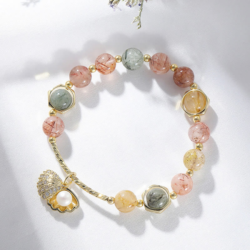 Buddha Stones天然 カラフル ルチルクォーツ シェル 保護 ビーズ ブレスレット