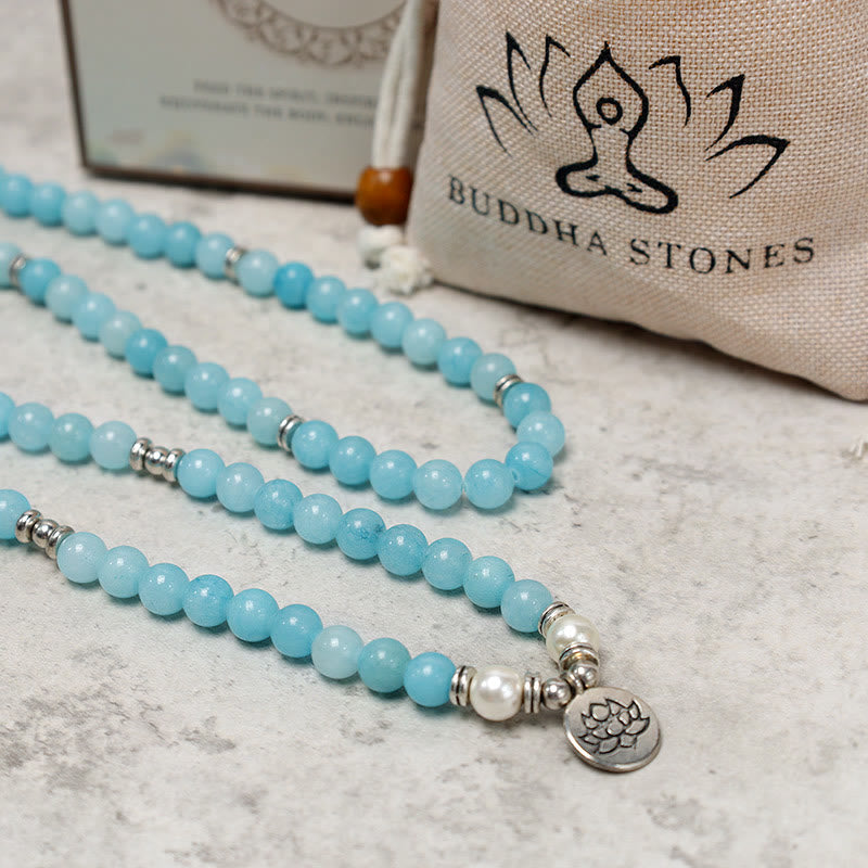 Buddha Stones天然アマゾナイト石 ヒーリング ロータスMalaブレスレット