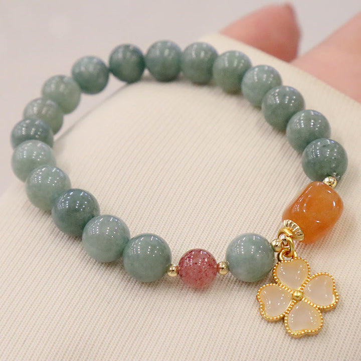 Buddha Stones翡翠四つ葉のクローバーチャーム繁栄ブレスレット