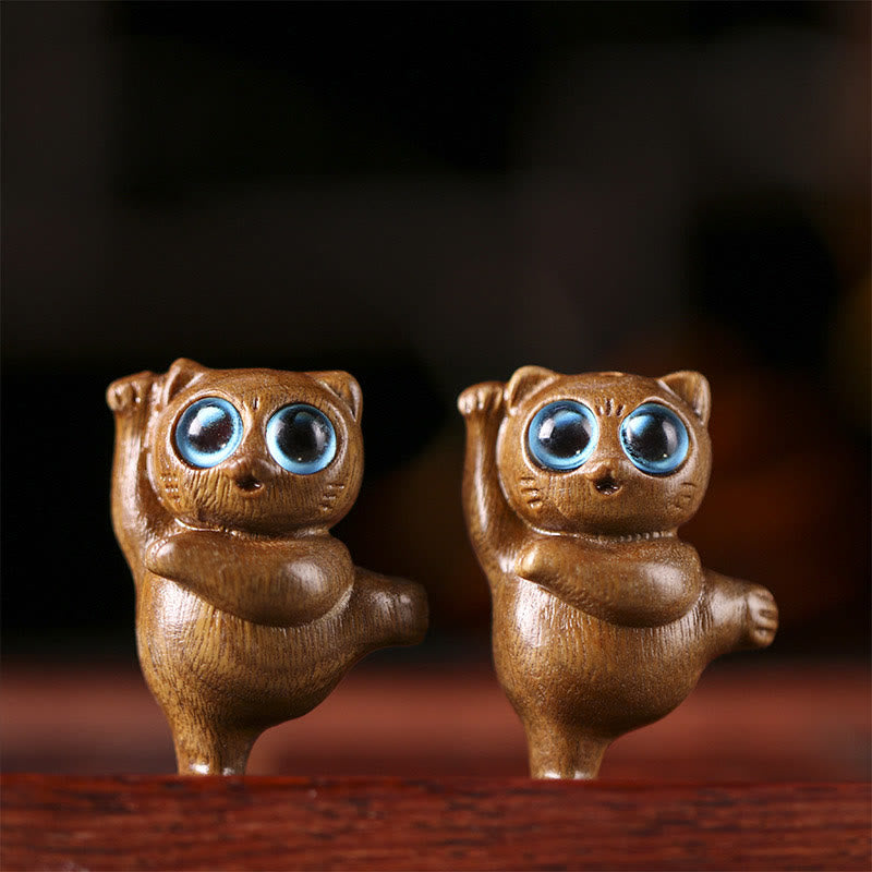 Buddha Stonesミニグリーンサンダルウッドダンシングキャット彫刻ポジティブデスクデコレーション - image 2