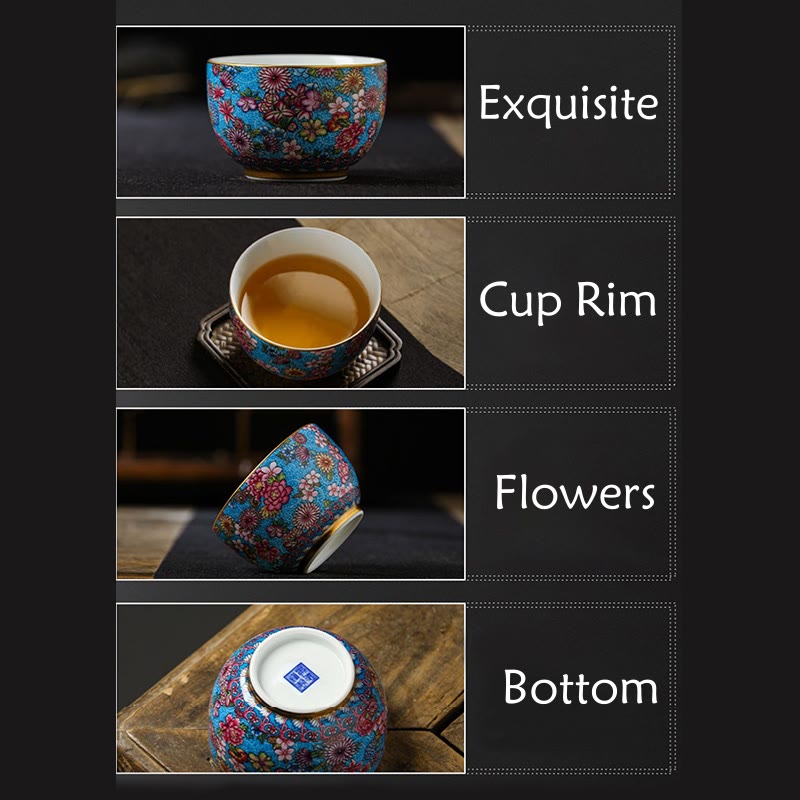 Buddha Stonesの釉薬装飾の仏像、色とりどりの花、陶器のティーカップ、カンフーティーカップ