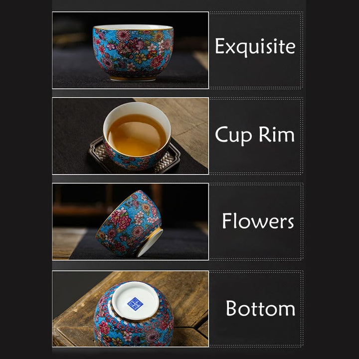 Buddha Stonesの釉薬装飾の仏像、色とりどりの花、陶器のティーカップ、カンフーティーカップ