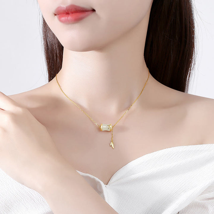Buddha Stones 925スターリングシルバー 22Kゴールド 和田白翡翠 竹の葉 幸運のネックレス ペンダント ブレスレット