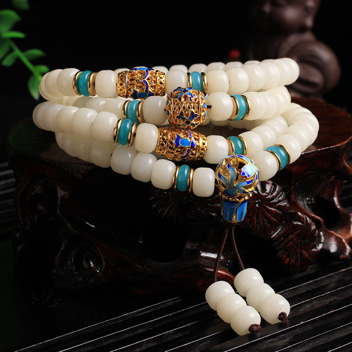 Buddha Stones天然ホワイト菩提樹の種子Mala108ビーズ 富のブレスレット
