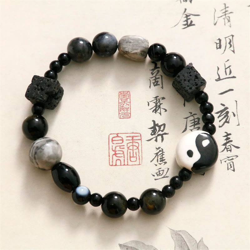 Buddha Stonesブラックオニキス ピカソジャスパービーズ 陰陽幸運繁栄守護ブレスレット