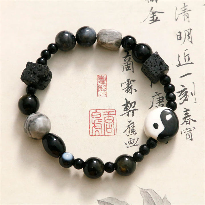 Buddha Stonesブラックオニキス ピカソジャスパービーズ 陰陽幸運繁栄守護ブレスレット