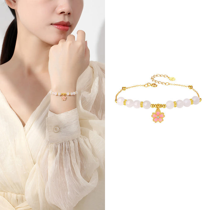 Buddha Stones 925スターリングシルバー 和田産白翡翠 桜守護ブレスレット