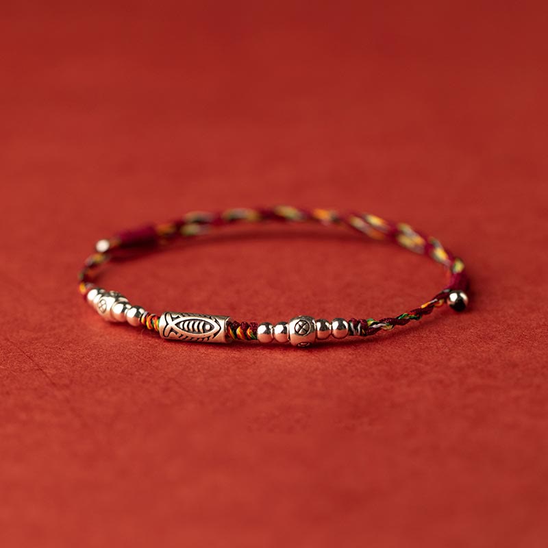 Buddha Stones925 スターリングシルバー 幸運の鯉 編み込み カラフル ストリング ブレスレット アンクレット