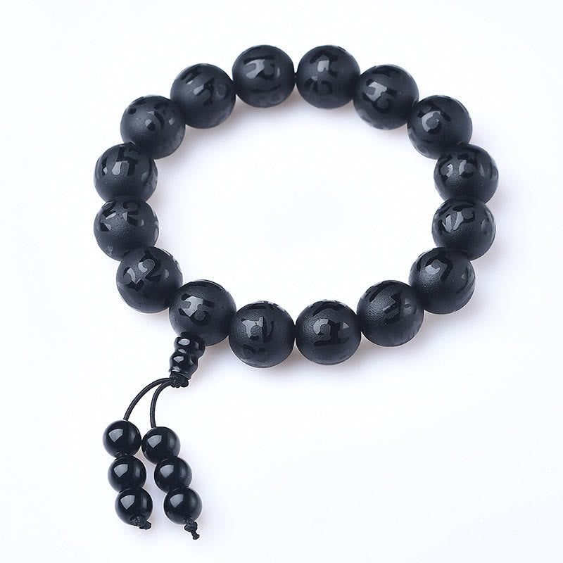Buddha Stonesチベット ホワイトクリスタル ブラックオニキスオーム・マニ・パドメ・フム瞑想ブレスレット