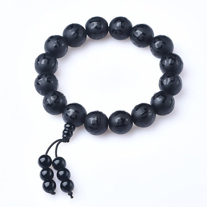 Buddha Stonesチベット ホワイトクリスタル ブラックオニキスオーム・マニ・パドメ・フム瞑想ブレスレット