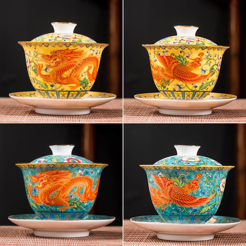 Buddha Stones龍鳳凰花デザイン陶器蓋碗三彩ティーカップカンフーティーカップ＆ソーサー蓋付き