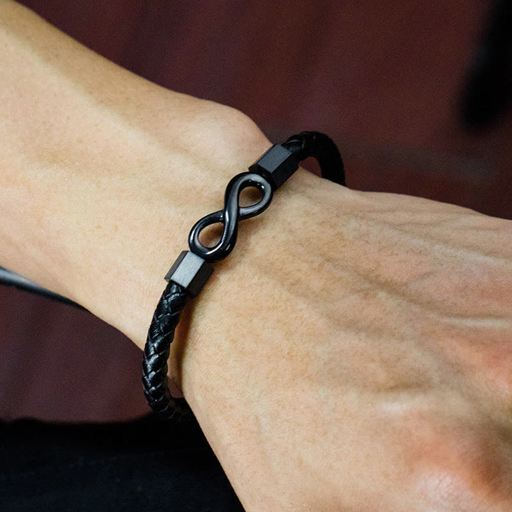Buddha Stonesエンドレスノット チタンスチール インフィニティレザー ウィーブ バランスブレスレット