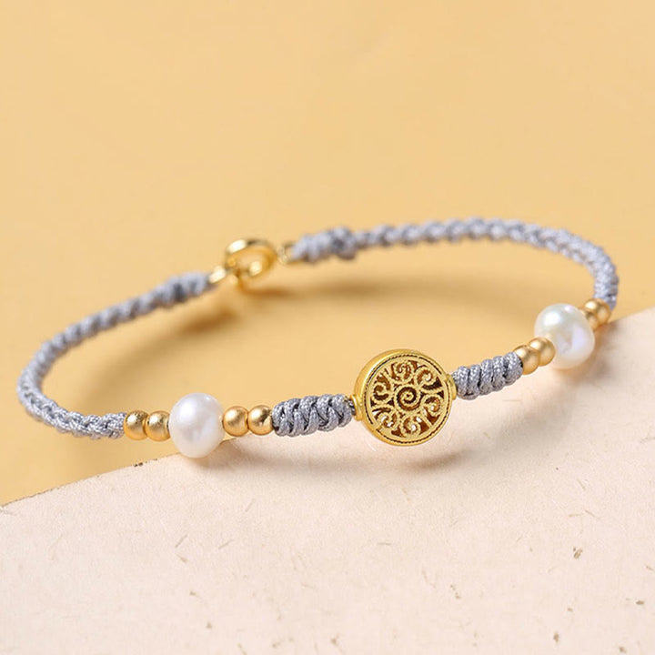 Buddha Stones、銅貨、幸運の木、真珠、幸運の青いロープ編みブレスレット