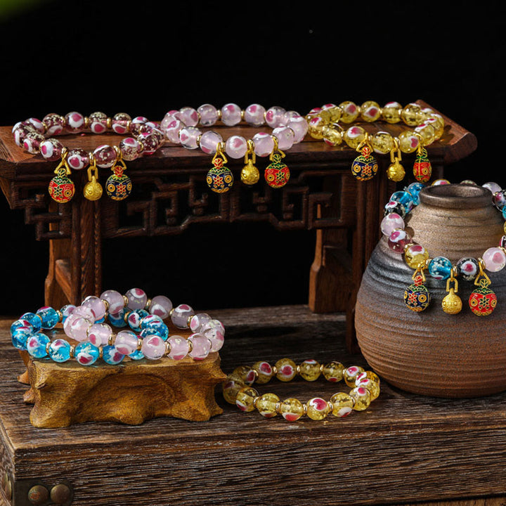 Buddha Stones金 呑み込み獣 ファミリー ピンク ラブハート 光る 蛍光 Liuli ガラス ビーズ ブレスレット