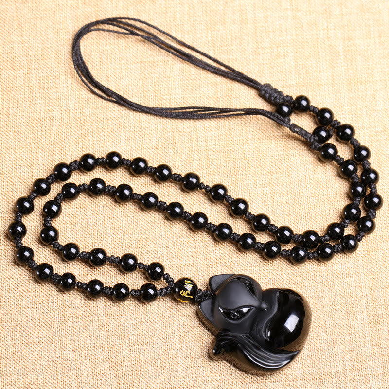 Buddha Stones天然黒曜石 タイガーアイ アイスオブシディアン フォックスペンダント お守りネックレス