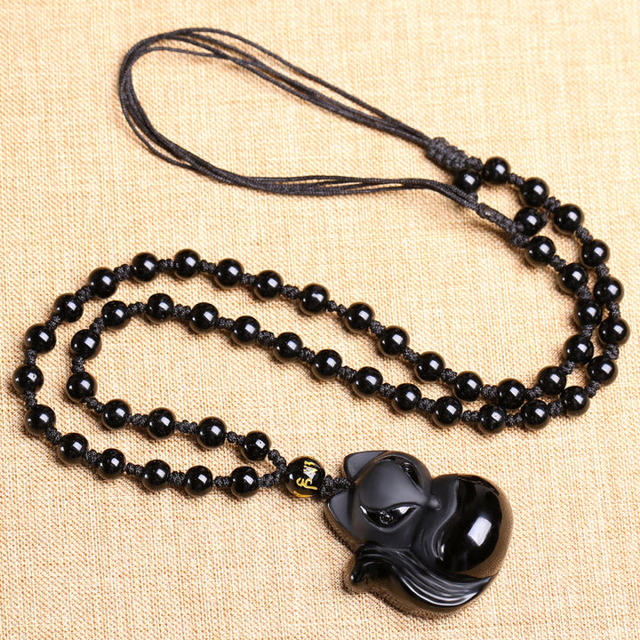 Buddha Stones天然黒曜石 タイガーアイ アイスオブシディアン フォックスペンダント お守りネックレス