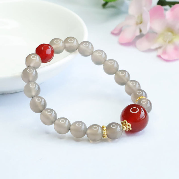 Buddha Stones天然グレーカルセドニー レッドアゲート ハーモニーブレスレット
