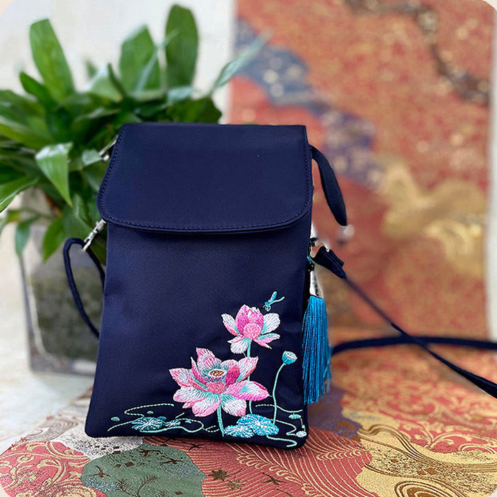 Buddha Stones防水ハンドメイド刺繍蓮の花クロスボディバッグショルダーバッグ携帯電話バッグ