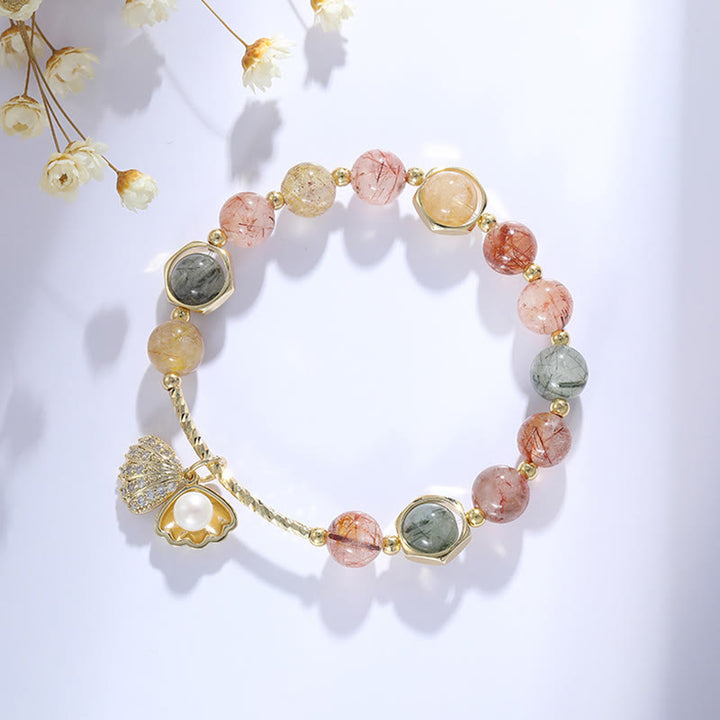 Buddha Stones天然 カラフル ルチルクォーツ シェル 保護 ビーズ ブレスレット