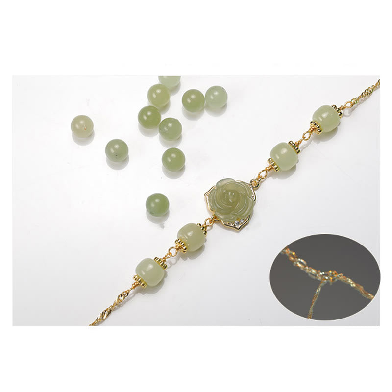 Buddha Stones14K ゴールドメッキ 和田翡翠 ローズフラワー 幸運のチェーンブレスレット