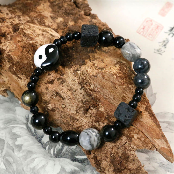 Buddha Stonesブラックオニキス ピカソジャスパービーズ 陰陽幸運繁栄守護ブレスレット