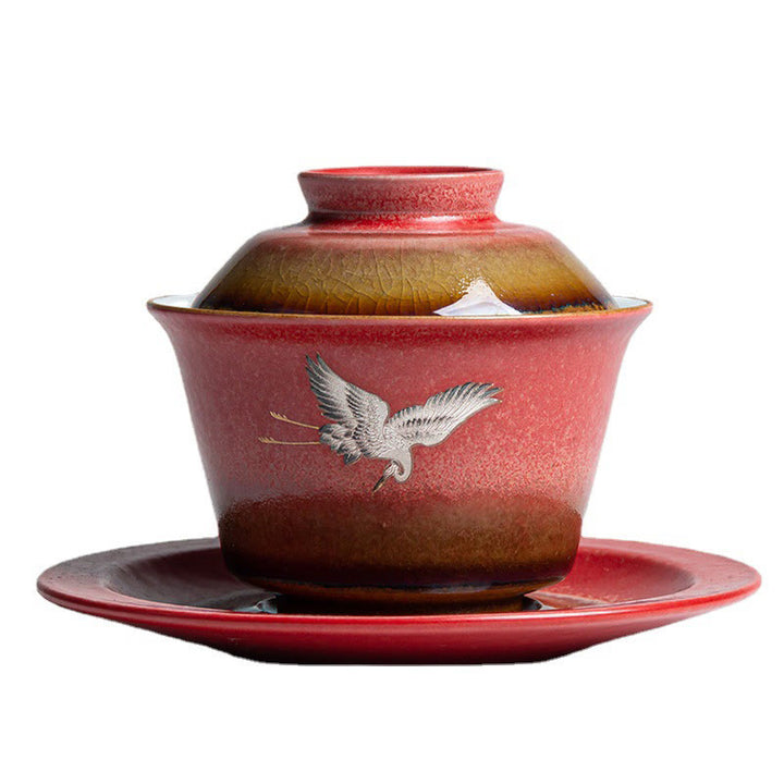 Buddha Stones赤縁起の良い鶴 陶器 蓋碗三彩 ティーカップ カンフーティーカップ＆ソーサー 蓋付き