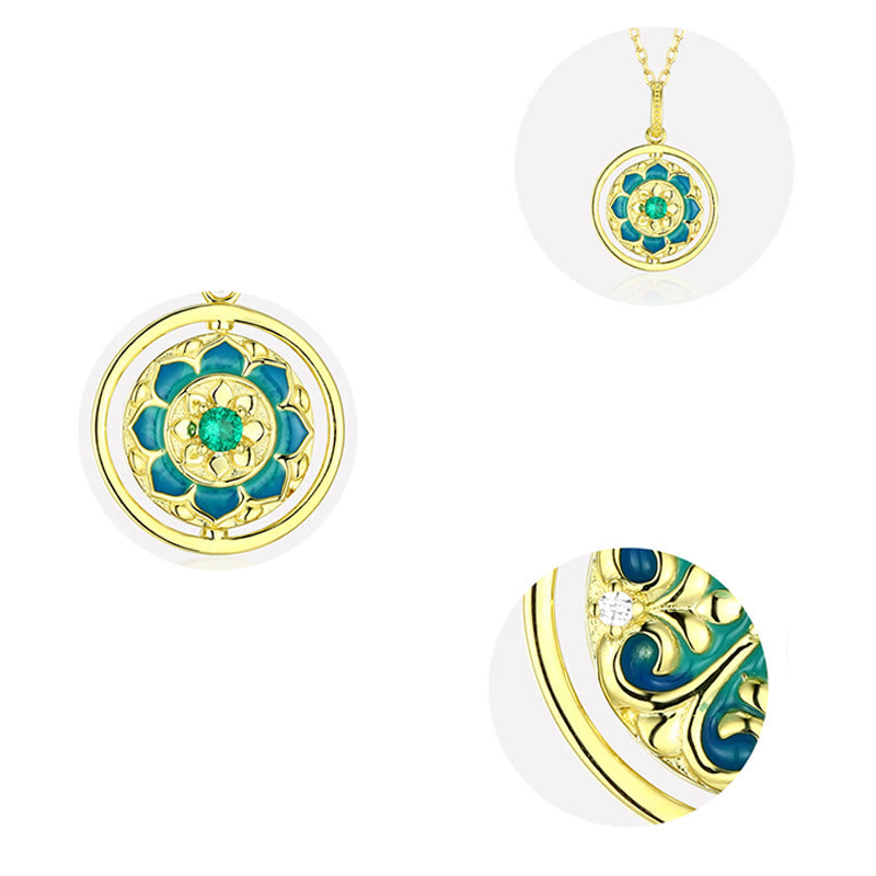 Buddha Stones925スターリングシルバー 蓮の花 フローラルジルコン 悟り 回転式ネックレスペンダント