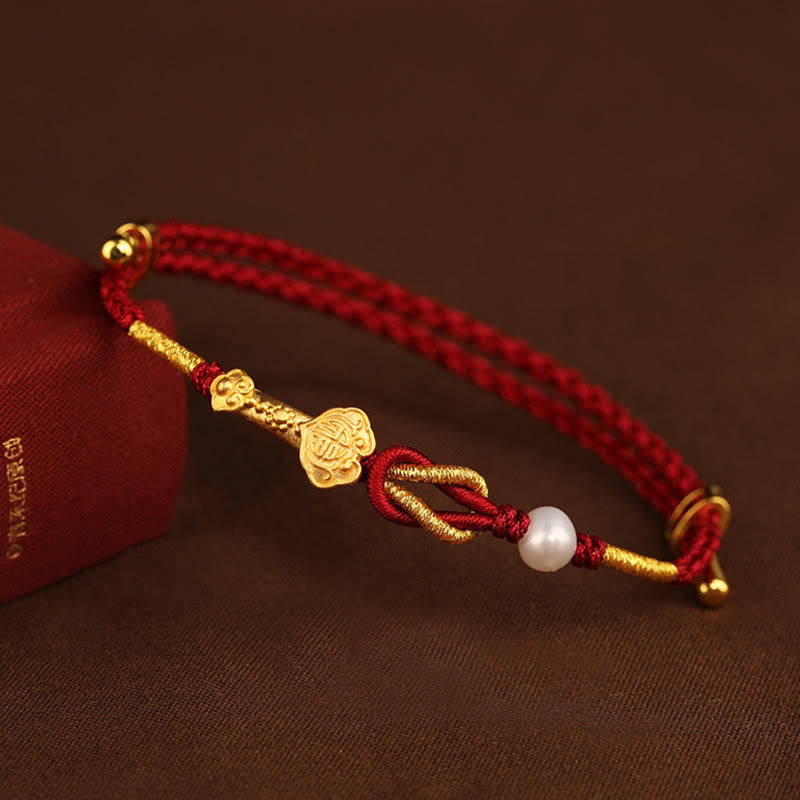 Buddha Stones24K ゴールド ウィッシュ 如意 ハンドル 福 キャラクター ウサギ パール 幸運 編み込み ブレスレット