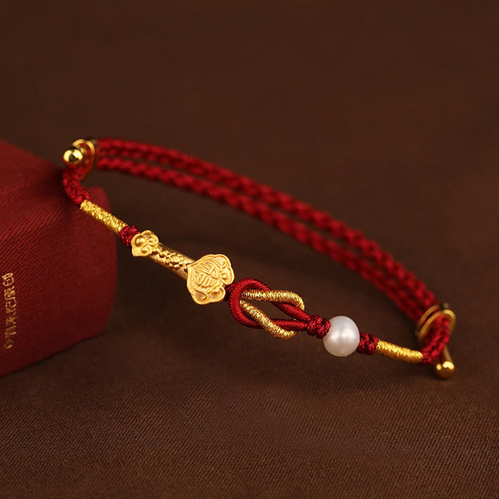 Buddha Stones24K ゴールド ウィッシュ 如意 ハンドル 福 キャラクター ウサギ パール 幸運 編み込み ブレスレット